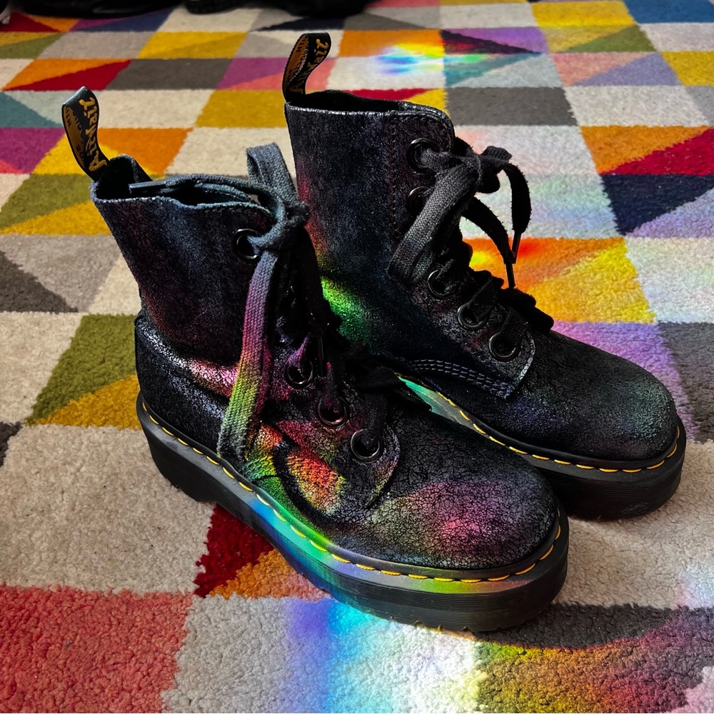 Doc Martens women’s black purple iridescent sparkly crackle platform boots